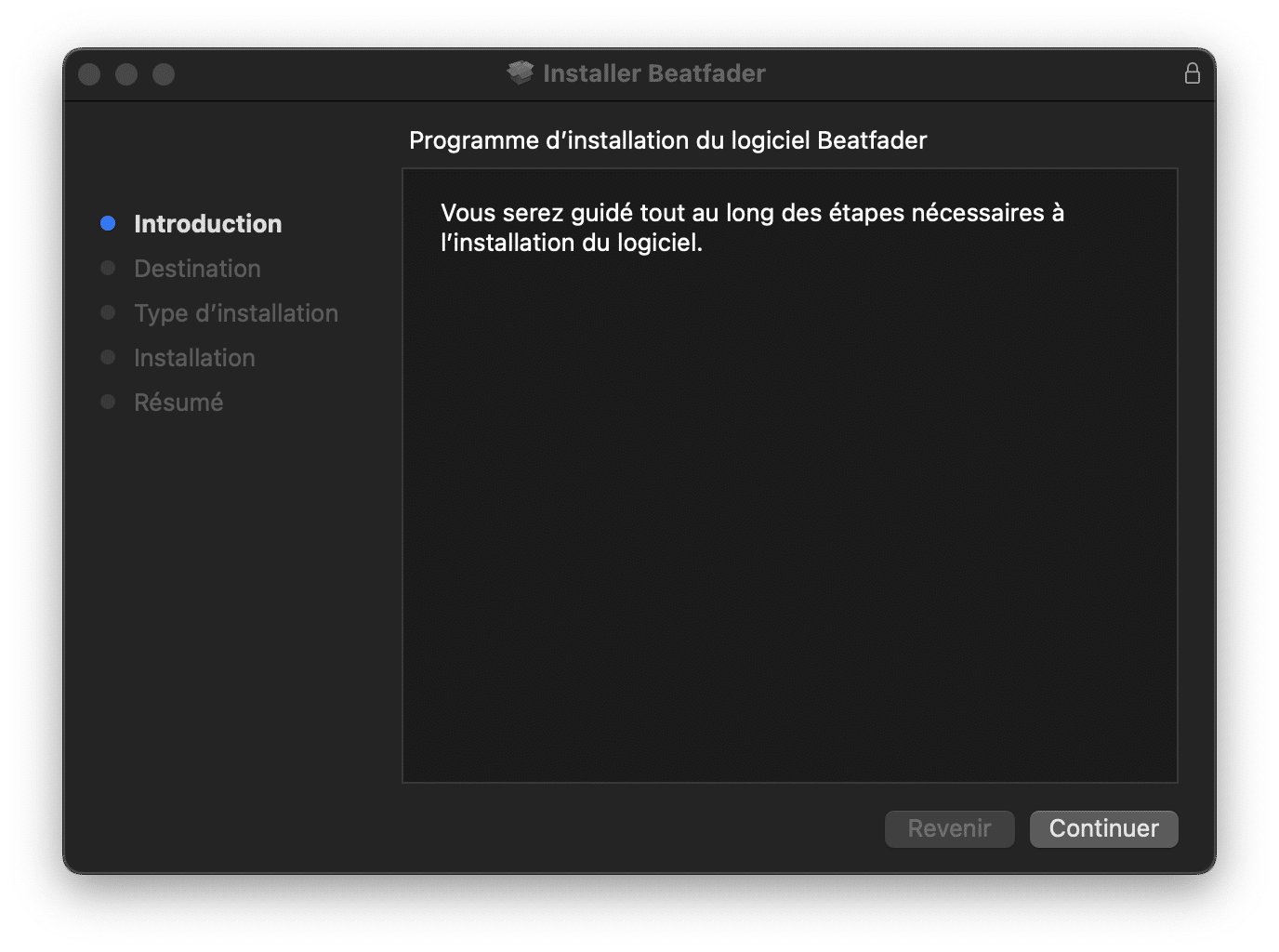 Screen of the Installation process of the beatfader on mac - step 1