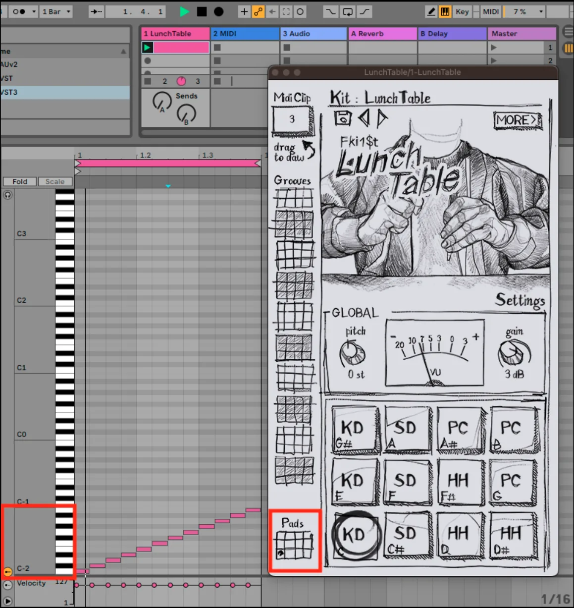 LunchTable in Ableton Live: the one-shot notes at the bottom of the piano roll, from C-2 to B-2, and the Pads view of the plugin highlighted