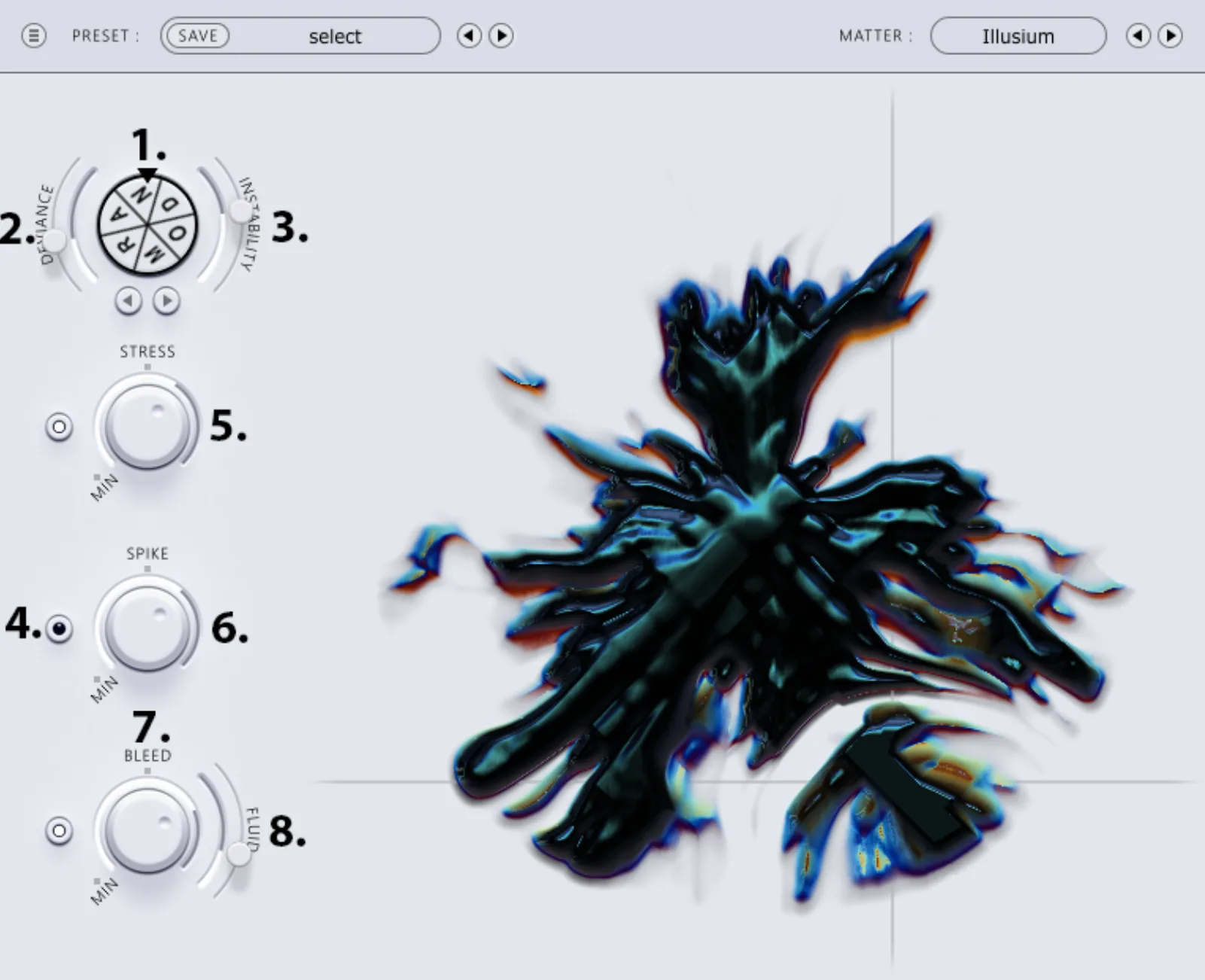 The RANDOM window: preset and matter selectors at the top, the RANDOM wheel and control knobs on the left, the MATTER in the XY-table on the right