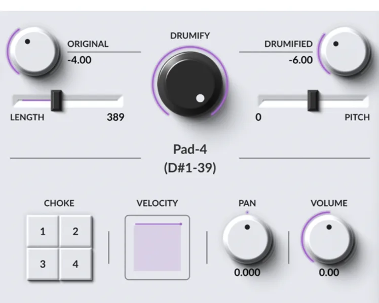 Pad controls: Original, Drumify and Drumified knobs, Length and Pitch faders, Choke, Velocity, Pan and Volume
