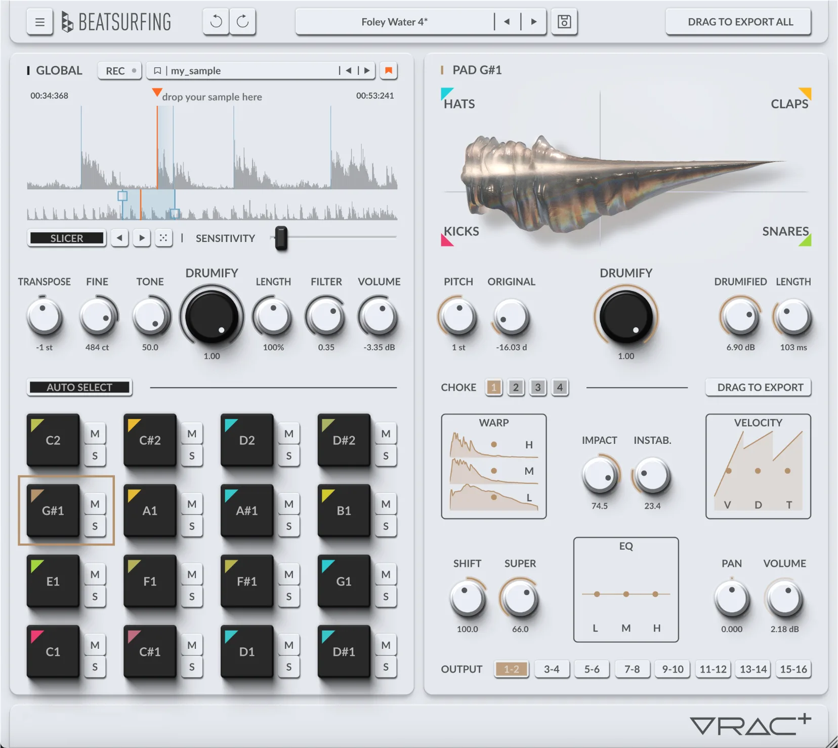 The VRAC+ main window: global section on the left with waveform, global knobs and 16 pads; pad section on the right with the Drumification Models map and pad controls