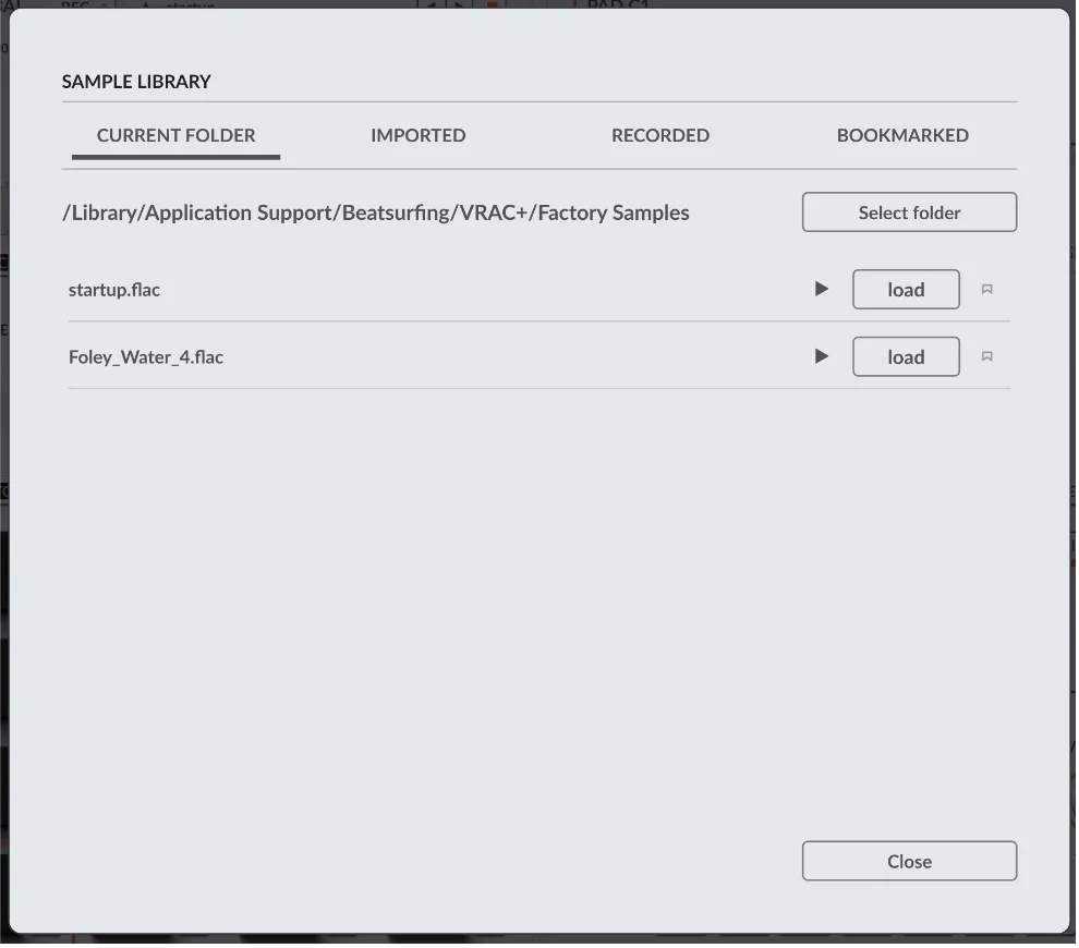 Sample Library window with Current folder, Imported, Recorded and Bookmarked tabs
